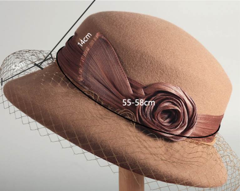 Wool Bowler Hat for Women - 100% Merino Wool with Rose & Veil Accent - AOA Fashion Accessories