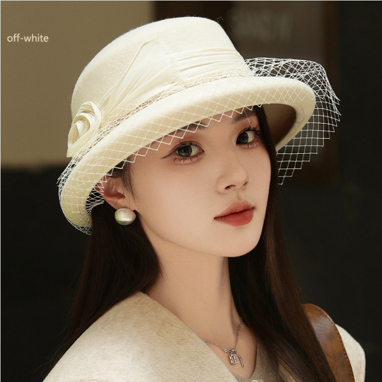 Wool Bowler Hat for Women - 100% Merino Wool with Rose & Veil Accent - AOA Fashion Accessories