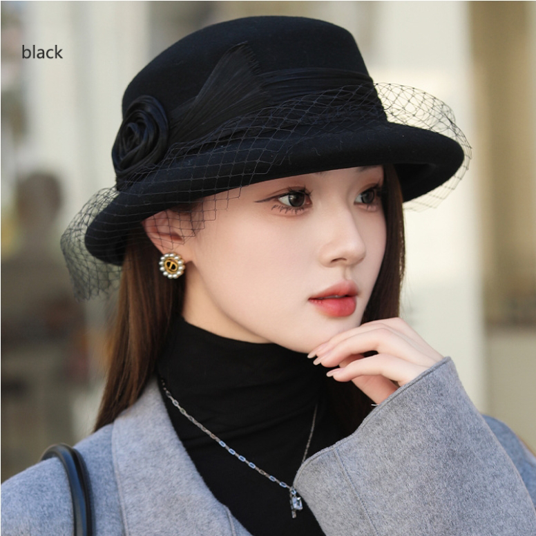 Wool Bowler Hat for Women - 100% Merino Wool with Rose & Veil Accent - AOA Fashion Accessories