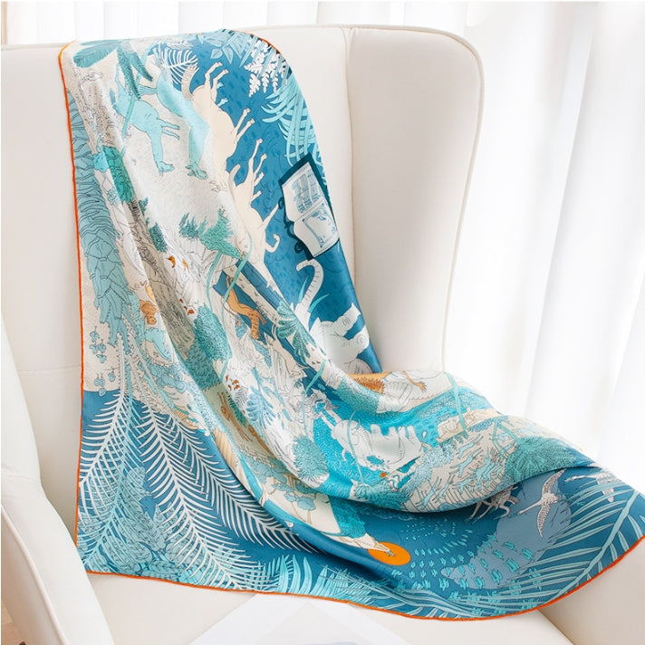 100% Mulberry Silk Scarf – Illustrated Wildlife Jungle Print Square Scarf - AOA Fashion Accessories