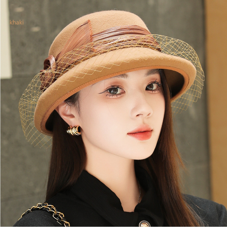 Wool Bowler Hat for Women - 100% Merino Wool with Rose & Veil Accent - AOA Fashion Accessories