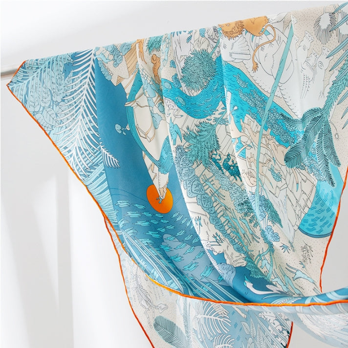 100% Mulberry Silk Scarf – Illustrated Wildlife Jungle Print Square Scarf - AOA Fashion Accessories