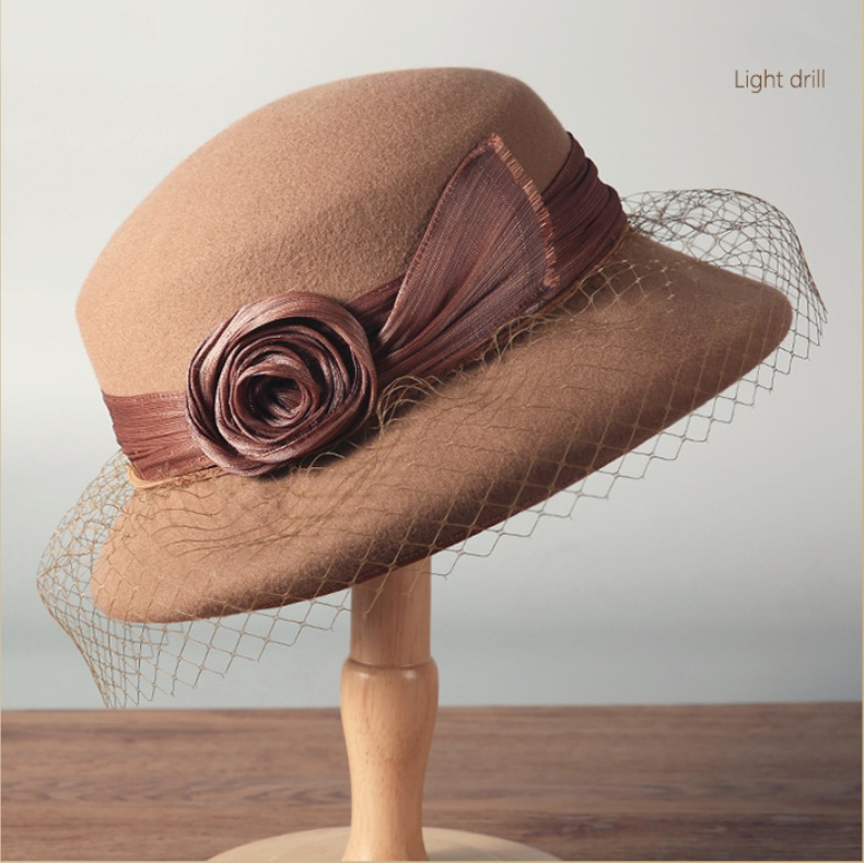 Wool Bowler Hat for Women - 100% Merino Wool with Rose & Veil Accent - AOA Fashion Accessories