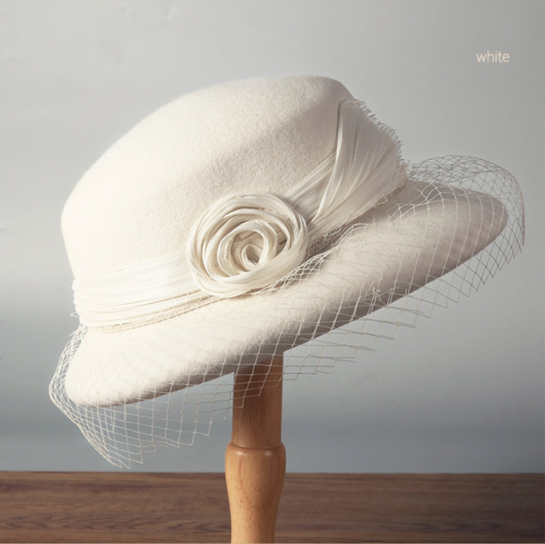 Wool Bowler Hat for Women - 100% Merino Wool with Rose & Veil Accent - AOA Fashion Accessories