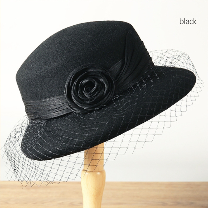 Wool Bowler Hat for Women - 100% Merino Wool with Rose & Veil Accent - AOA Fashion Accessories