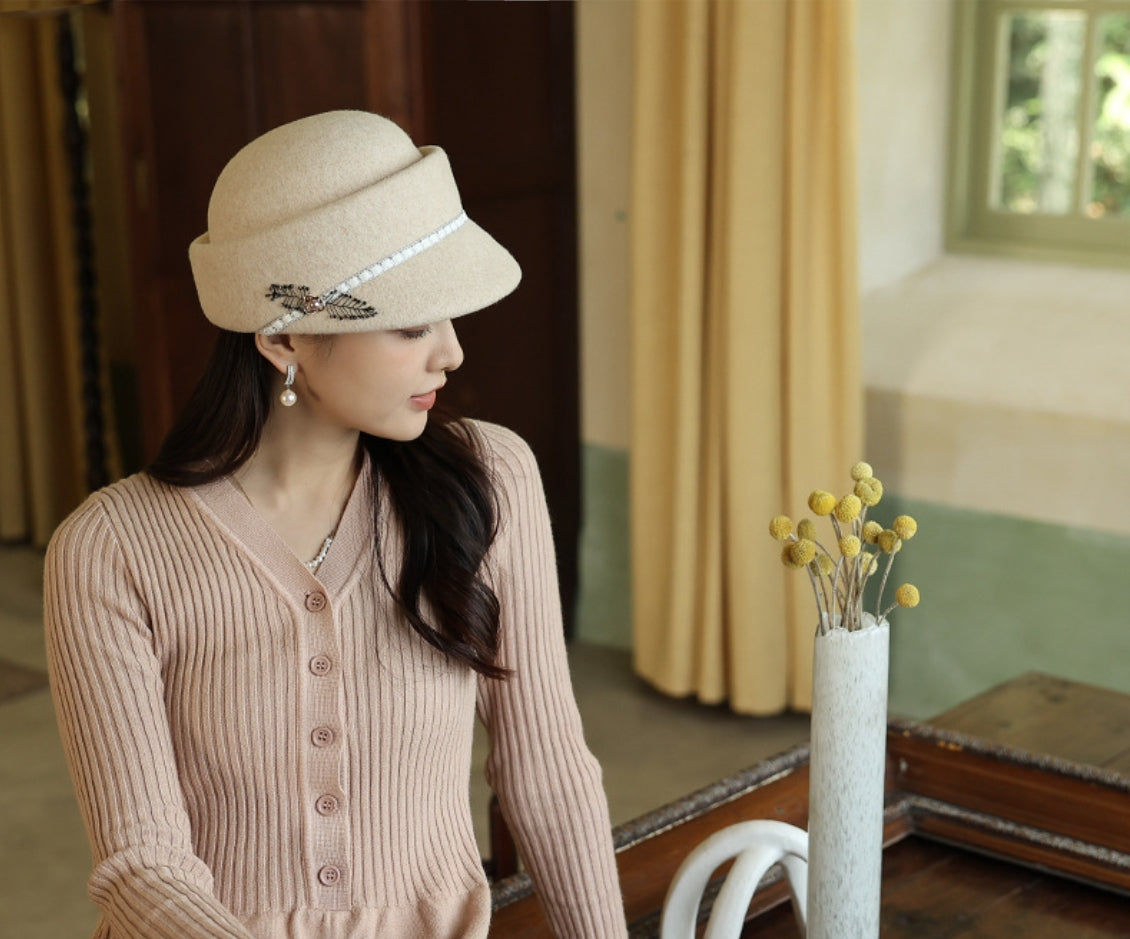 Womens Wool Cloche Hat - With Delicate Floral Decoration - AOA Fashion Accessories