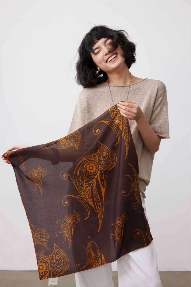 Silk Square Scarf - 65×65 cm Golden Bird Pattern - AOA Fashion Accessories