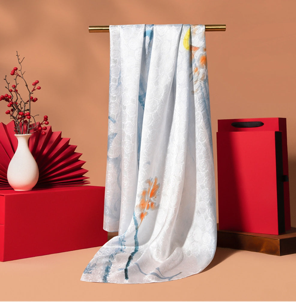 Silk Scarf for Women -  Floral Printed Silk Scarves 170x53cm - AOA Fashion Accessories