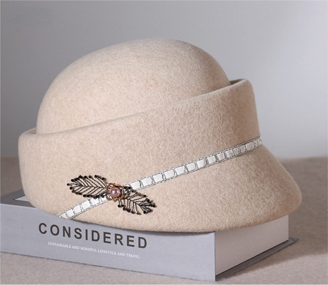 Womens Wool Cloche Hat - With Delicate Floral Decoration - AOA Fashion Accessories