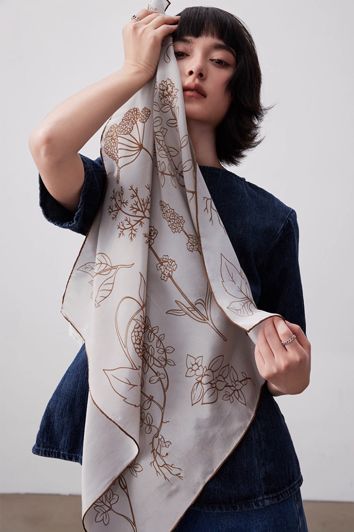 Botanical Print Silk Square Scarf - 65×65cm - AOA Fashion Accessories