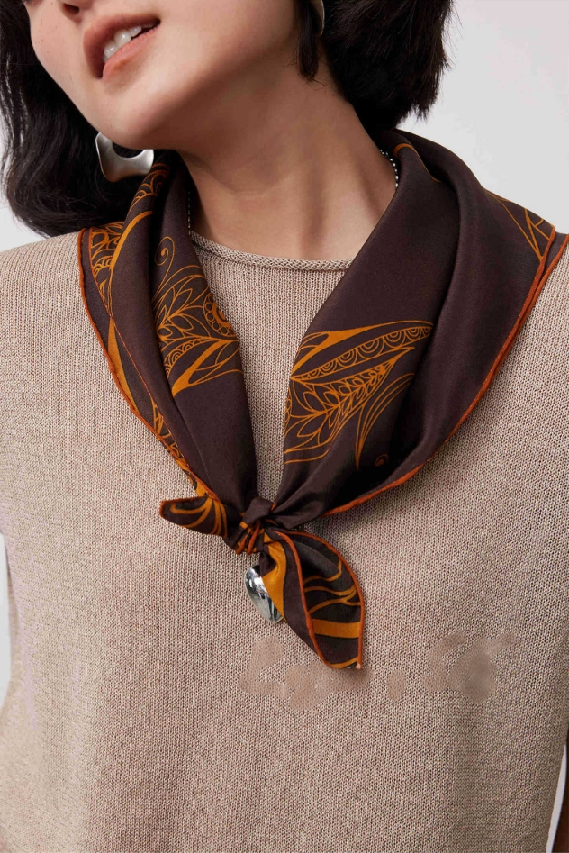 Silk Square Scarf - 65×65 cm Golden Bird Pattern - AOA Fashion Accessories