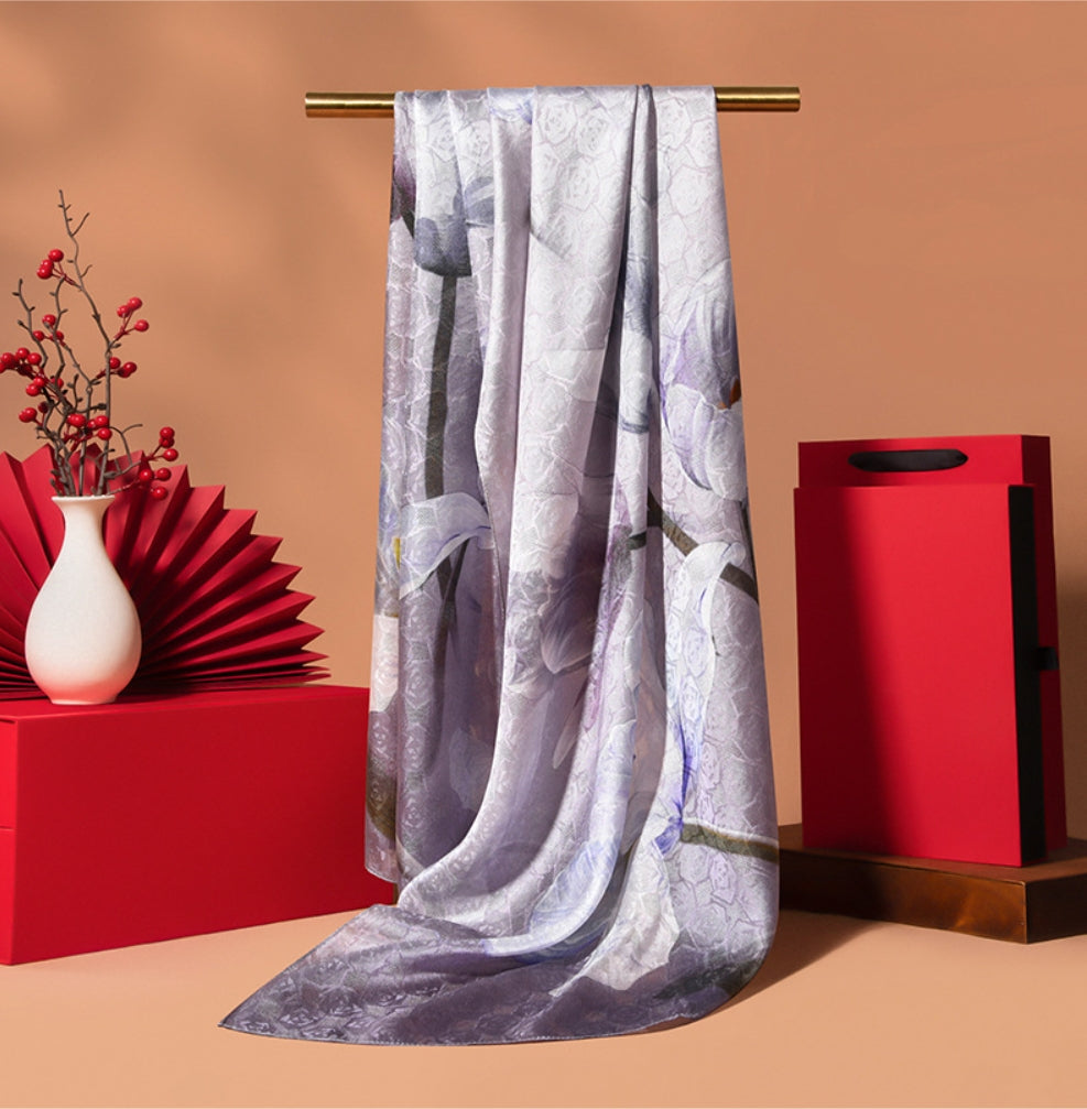 Silk Scarf for Women -  Floral Printed Silk Scarves 170x53cm - AOA Fashion Accessories
