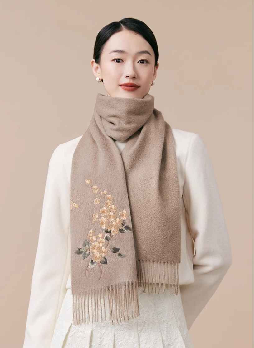 100% wool scarf for autumn and winter, Chinese style embroidered women's scarf, gift - AOA Fashion Accessories