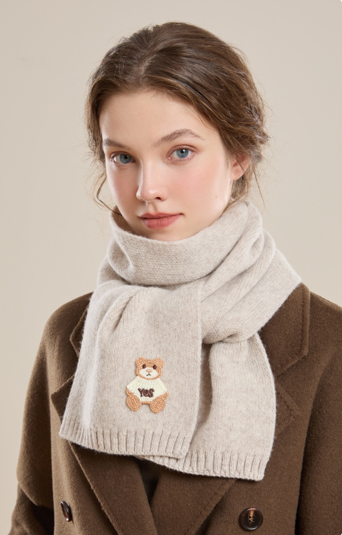 Women's 100% sheep wool scarf with bear pattern, soft and skin-friendly. - AOA Fashion Accessories