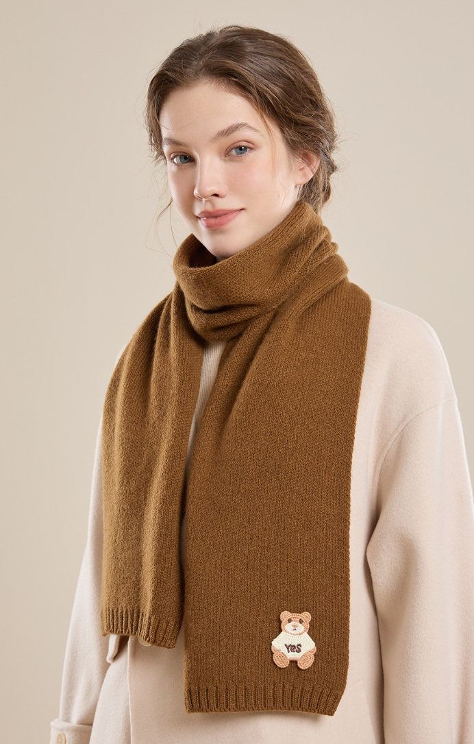 Women's 100% sheep wool scarf with bear pattern, soft and skin-friendly. - AOA Fashion Accessories