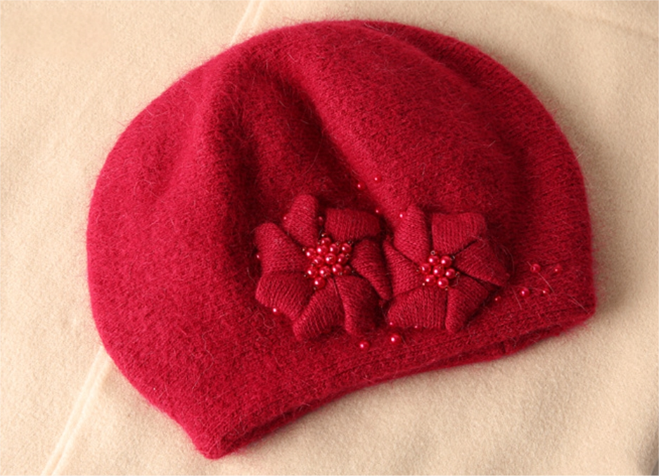 Women's Beret - With Floral Decoration and Beading - AOA Fashion Accessories