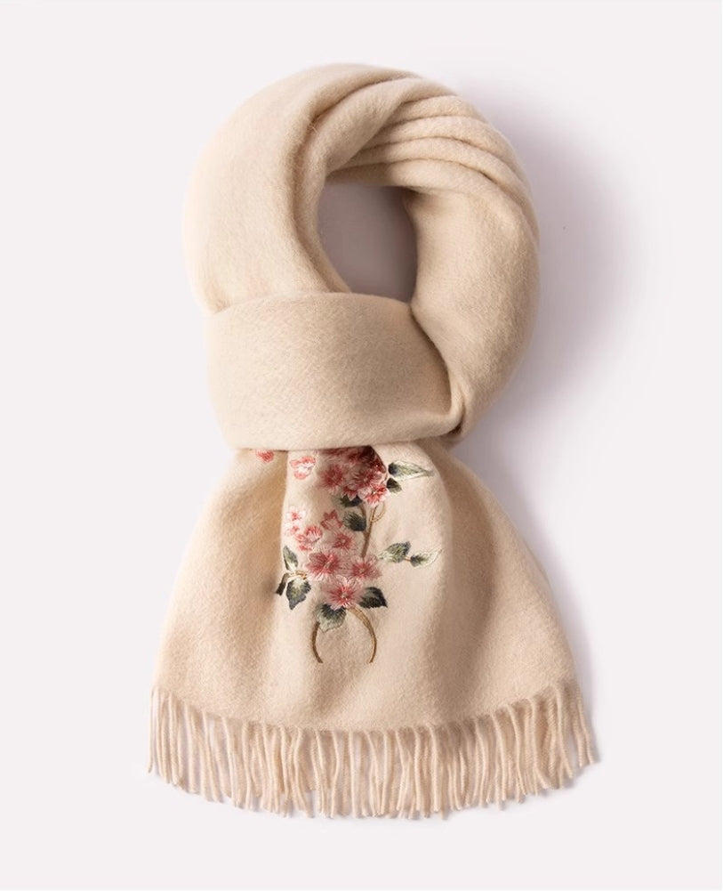 100% wool scarf for autumn and winter, Chinese style embroidered women's scarf, gift - AOA Fashion Accessories