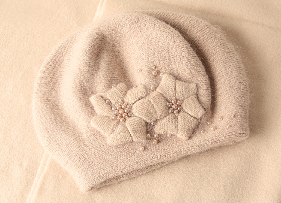 Women's Beret - With Floral Decoration and Beading - AOA Fashion Accessories