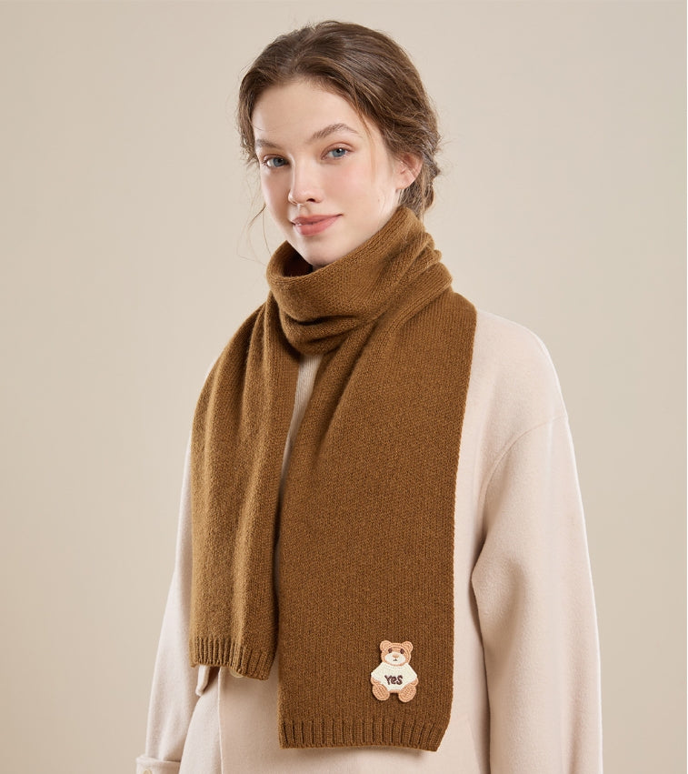 Women's 100% sheep wool scarf with bear pattern, soft and skin-friendly. - AOA Fashion Accessories