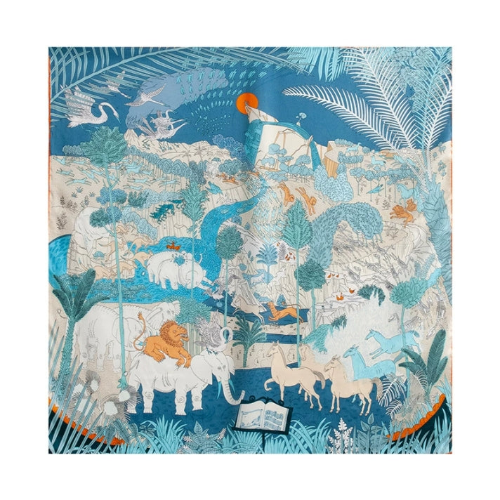 100% Mulberry Silk Scarf – Illustrated Wildlife Jungle Print Square Scarf - AOA Fashion Accessories