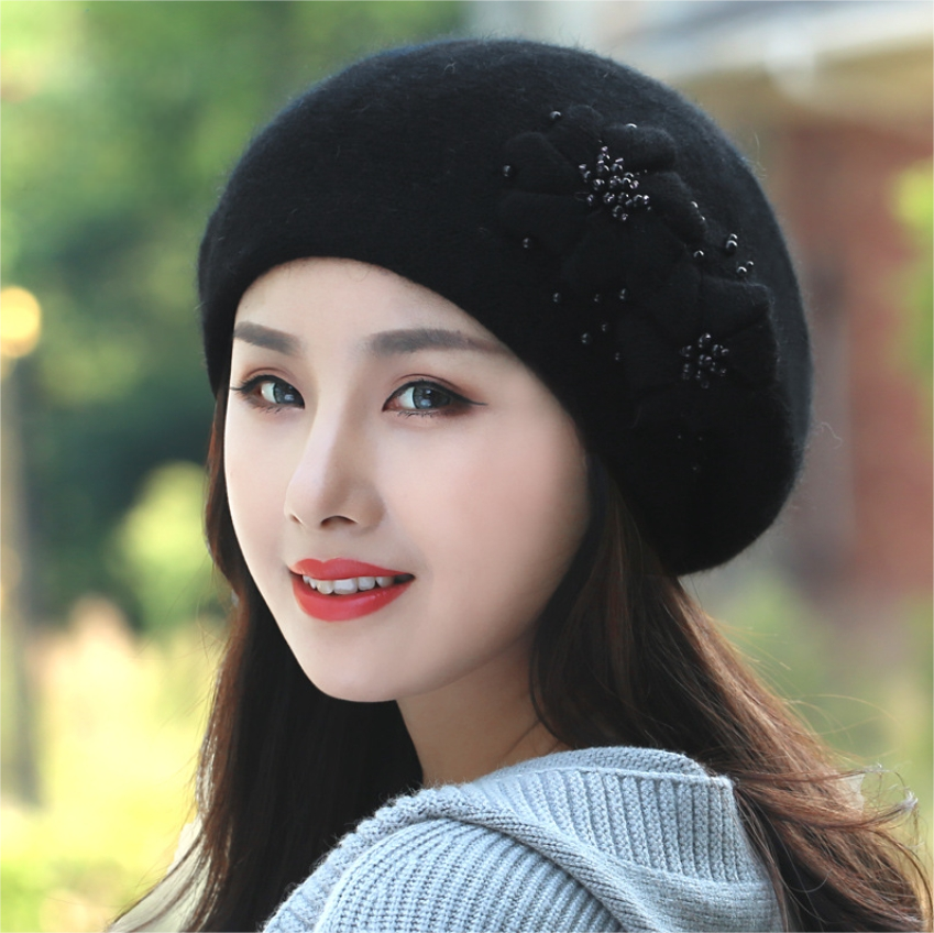 Women's Beret - With Floral Decoration and Beading - AOA Fashion Accessories