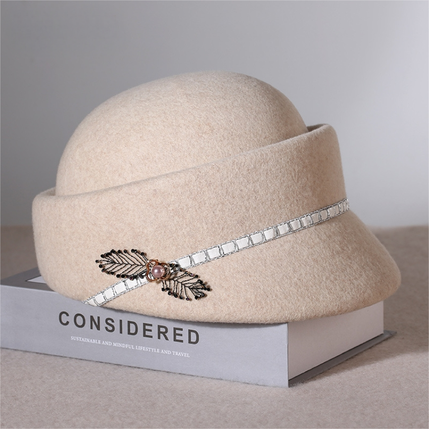 Womens Wool Cloche Hat - With Delicate Floral Decoration - AOA Fashion Accessories