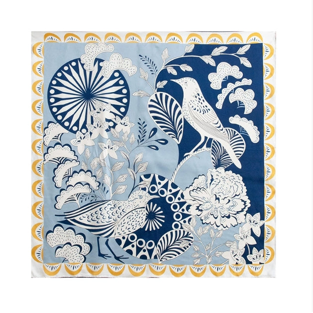 Silk Square Scarf– Blue Botanical Bird Print Scarves - AOA Fashion Accessories