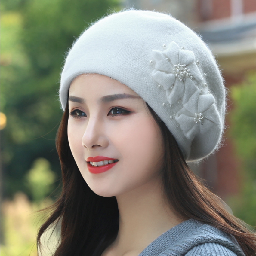 Women's Beret - With Floral Decoration and Beading - AOA Fashion Accessories