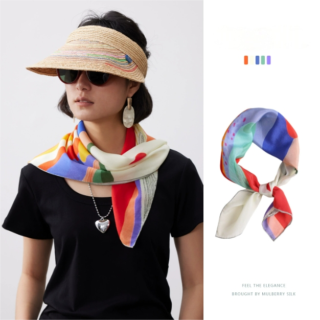 Colorful Landscape Print Pure Silk Square Scarf - AOA Fashion Accessories