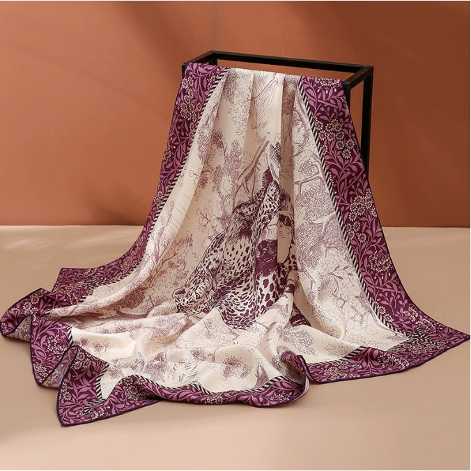 Silk Square Scarf -  Floral Leopard Print Scarves - AOA Fashion Accessories