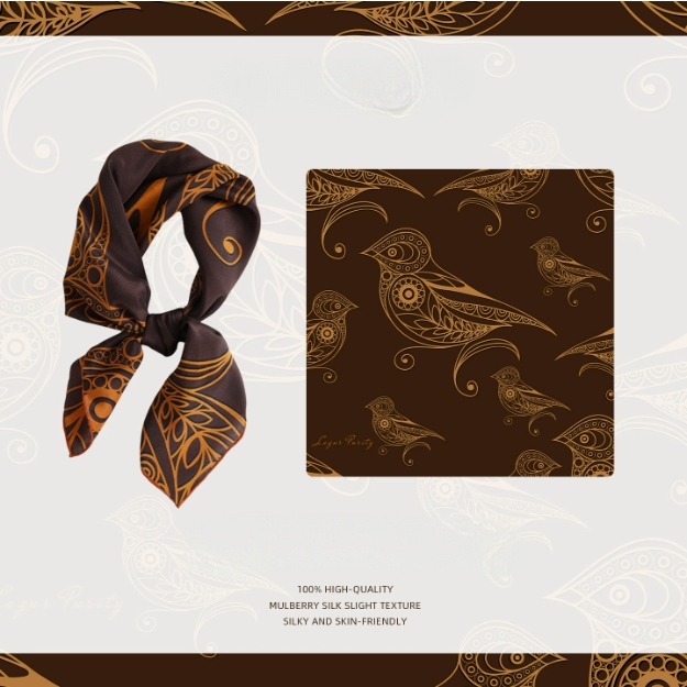 Silk Square Scarf - 65×65 cm Golden Bird Pattern - AOA Fashion Accessories