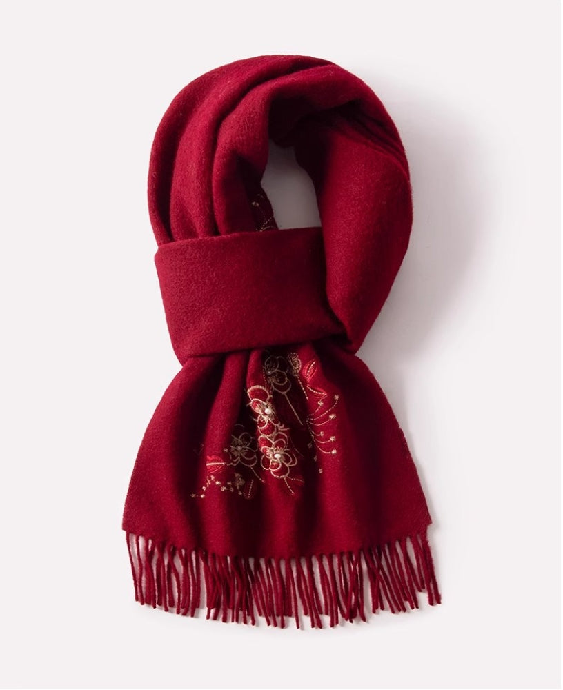 100% wool scarf for autumn and winter, Chinese style embroidered women's scarf, gift - AOA Fashion Accessories