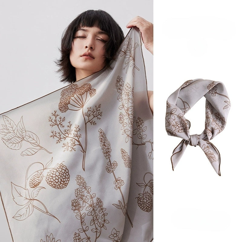 Botanical Print Silk Square Scarf - 65×65cm - AOA Fashion Accessories