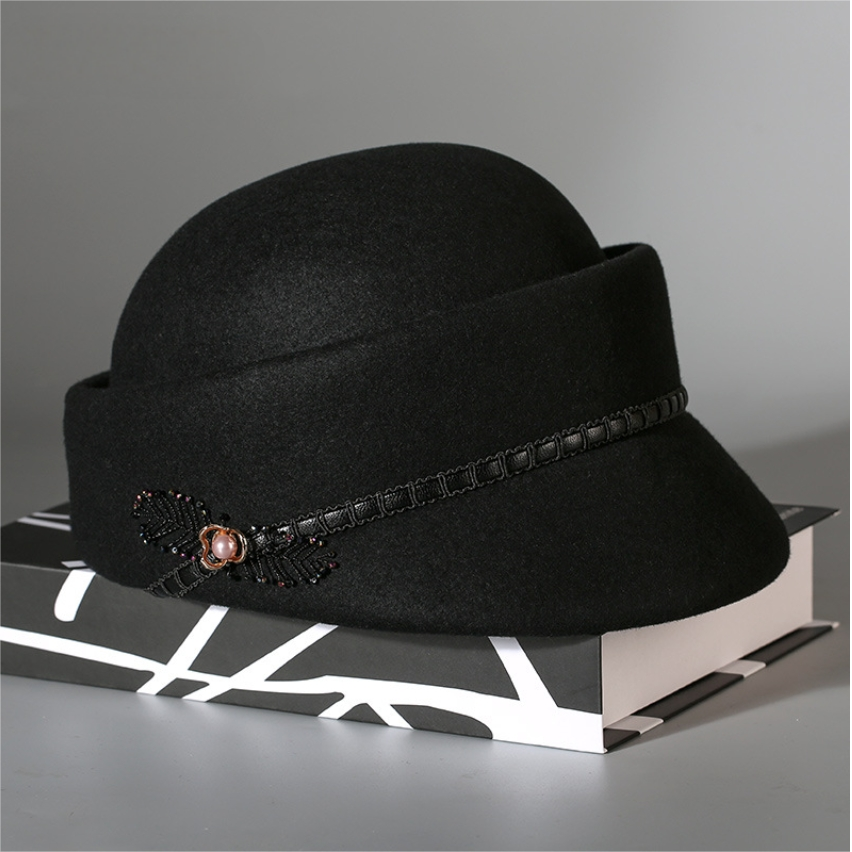 Womens Wool Cloche Hat - With Delicate Floral Decoration - AOA Fashion Accessories