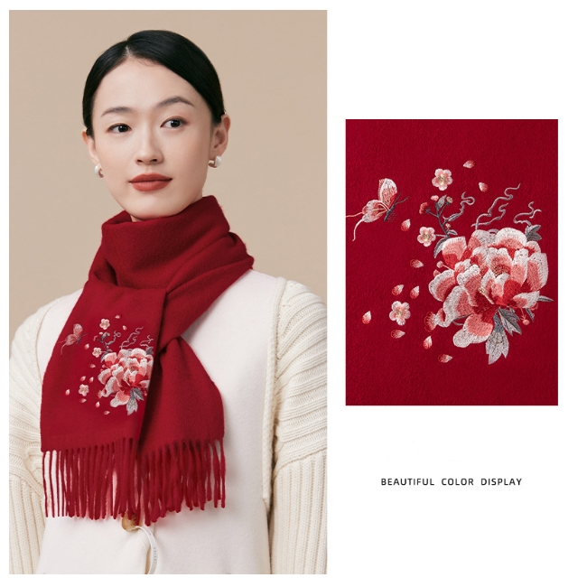100% wool scarf for autumn and winter, Chinese style embroidered women's scarf, gift - AOA Fashion Accessories