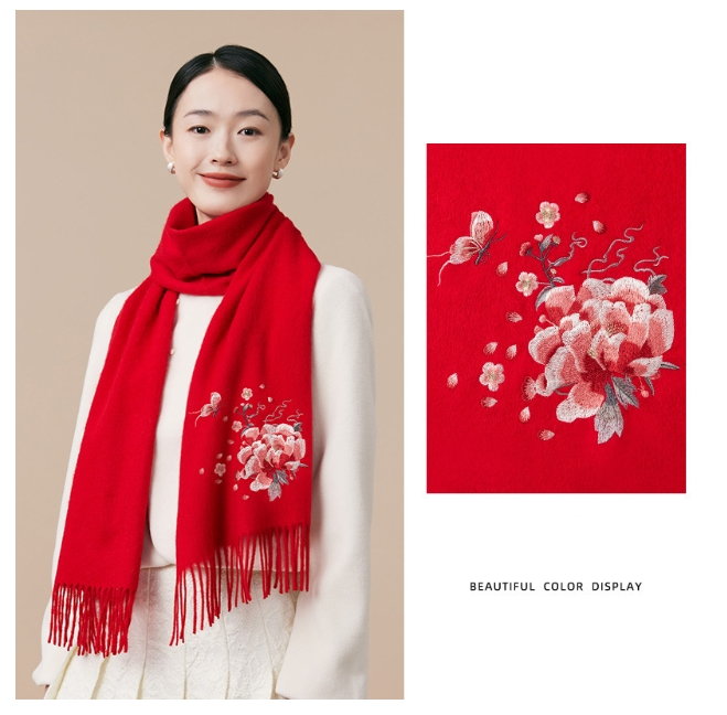 100% wool scarf for autumn and winter, Chinese style embroidered women's scarf, gift - AOA Fashion Accessories