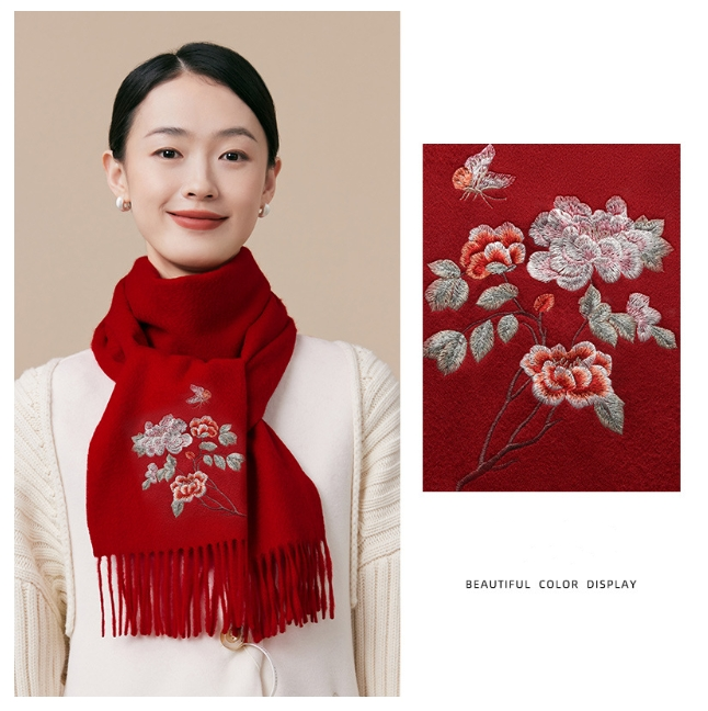 100% wool scarf for autumn and winter, Chinese style embroidered women's scarf, gift - AOA Fashion Accessories