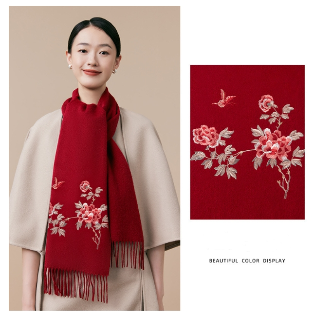 100% wool scarf for autumn and winter, Chinese style embroidered women's scarf, gift - AOA Fashion Accessories