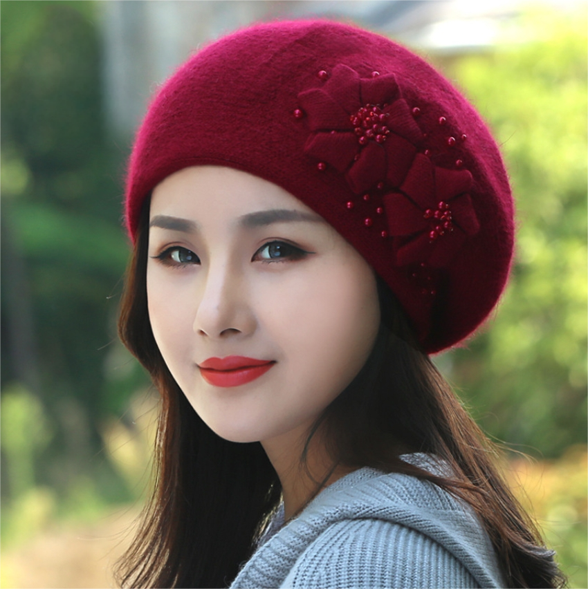 Women's Beret - With Floral Decoration and Beading - AOA Fashion Accessories