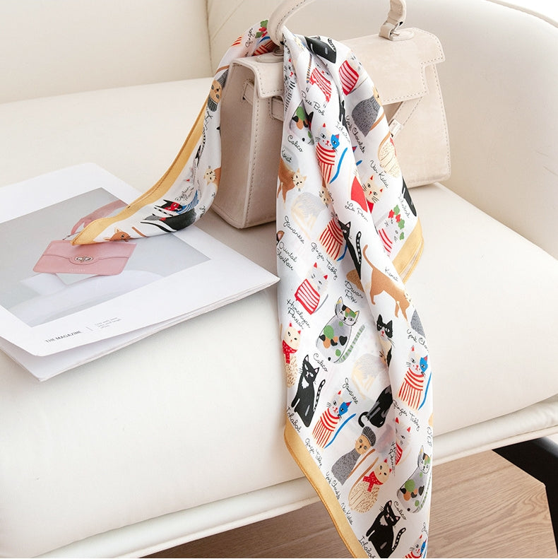 Silk Square Scarf – Cat Print Scarves - AOA Fashion Accessories