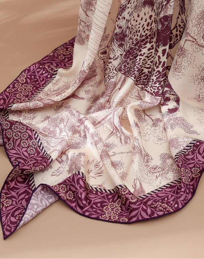 Silk Square Scarf -  Floral Leopard Print Scarves - AOA Fashion Accessories