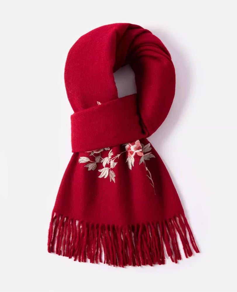 100% wool scarf for autumn and winter, Chinese style embroidered women's scarf, gift - AOA Fashion Accessories
