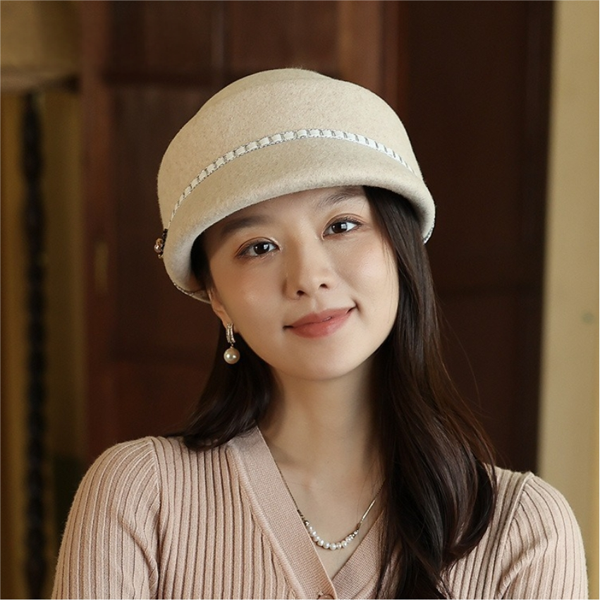 Womens Wool Cloche Hat - With Delicate Floral Decoration - AOA Fashion Accessories