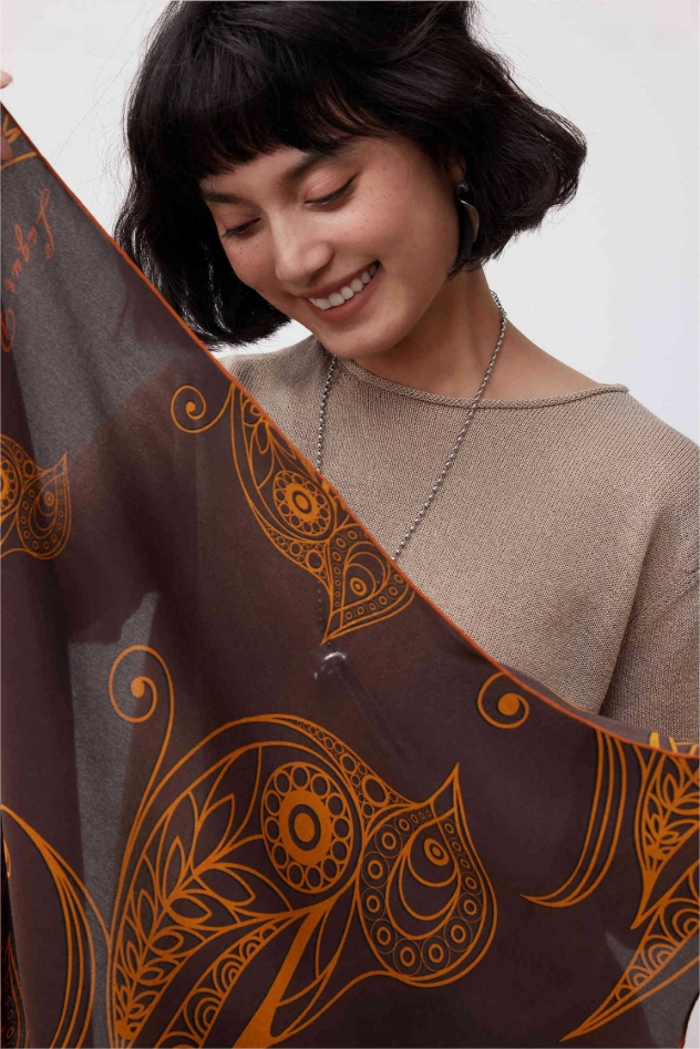 Silk Square Scarf - 65×65 cm Golden Bird Pattern - AOA Fashion Accessories