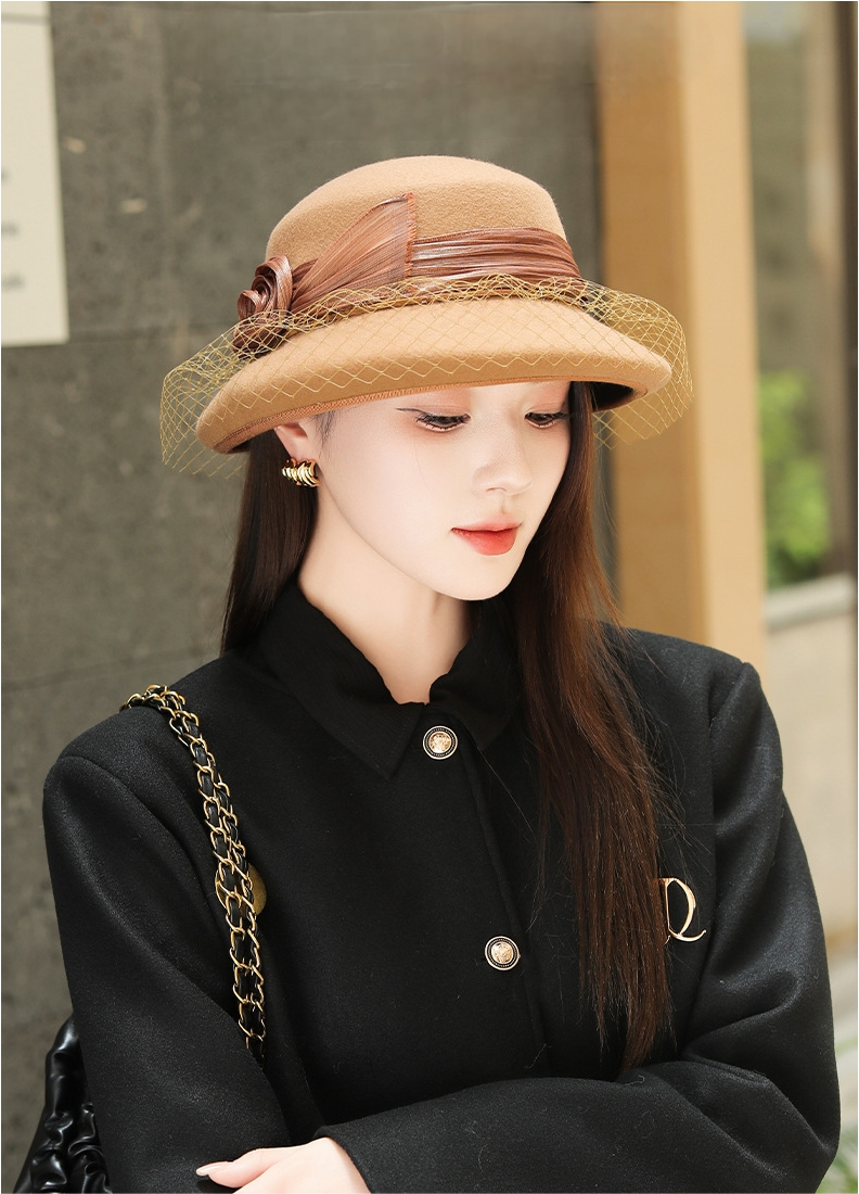 Wool Bowler Hat for Women - 100% Merino Wool with Rose & Veil Accent - AOA Fashion Accessories