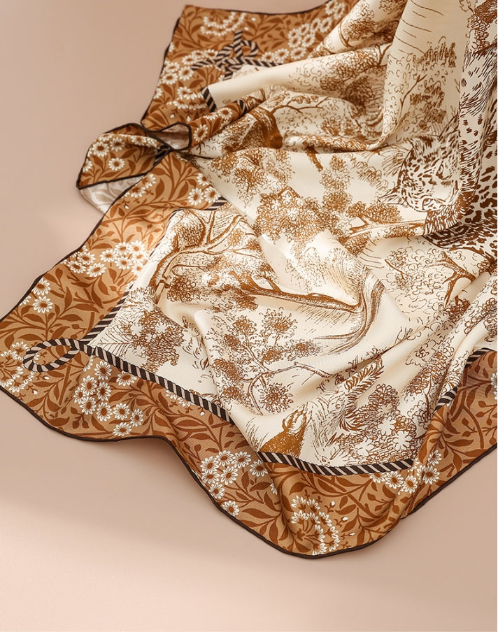 Silk Square Scarf -  Floral Leopard Print Scarves - AOA Fashion Accessories