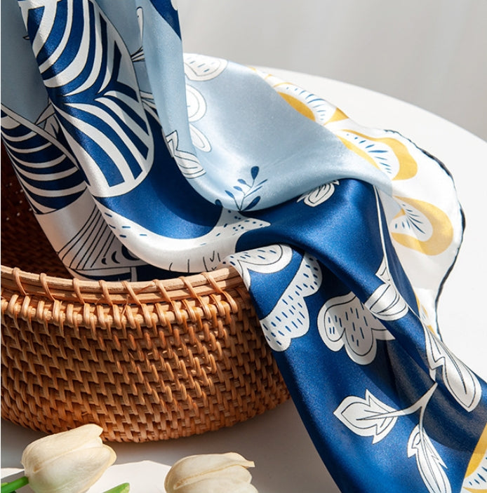 Silk Square Scarf– Blue Botanical Bird Print Scarves - AOA Fashion Accessories