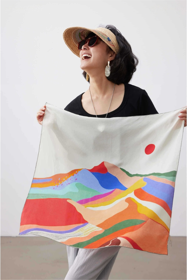 Colorful Landscape Print Pure Silk Square Scarf - AOA Fashion Accessories