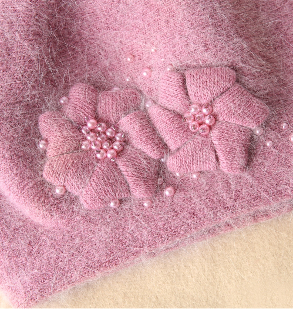 Women's Beret - With Floral Decoration and Beading - AOA Fashion Accessories