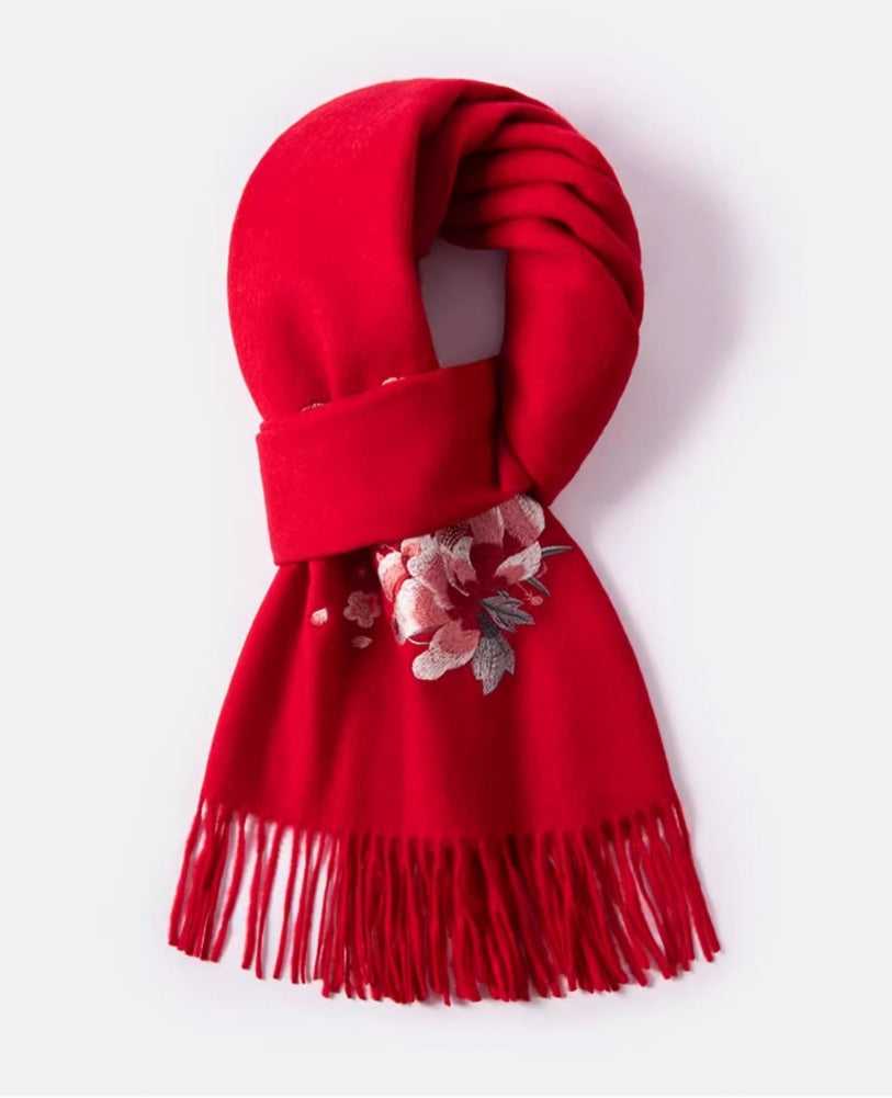 100% wool scarf for autumn and winter, Chinese style embroidered women's scarf, gift - AOA Fashion Accessories